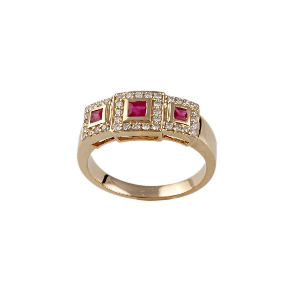 Yellow Gold 0.32ct Round Diamond and 0.51ct Square Ruby Set Cluster Ring