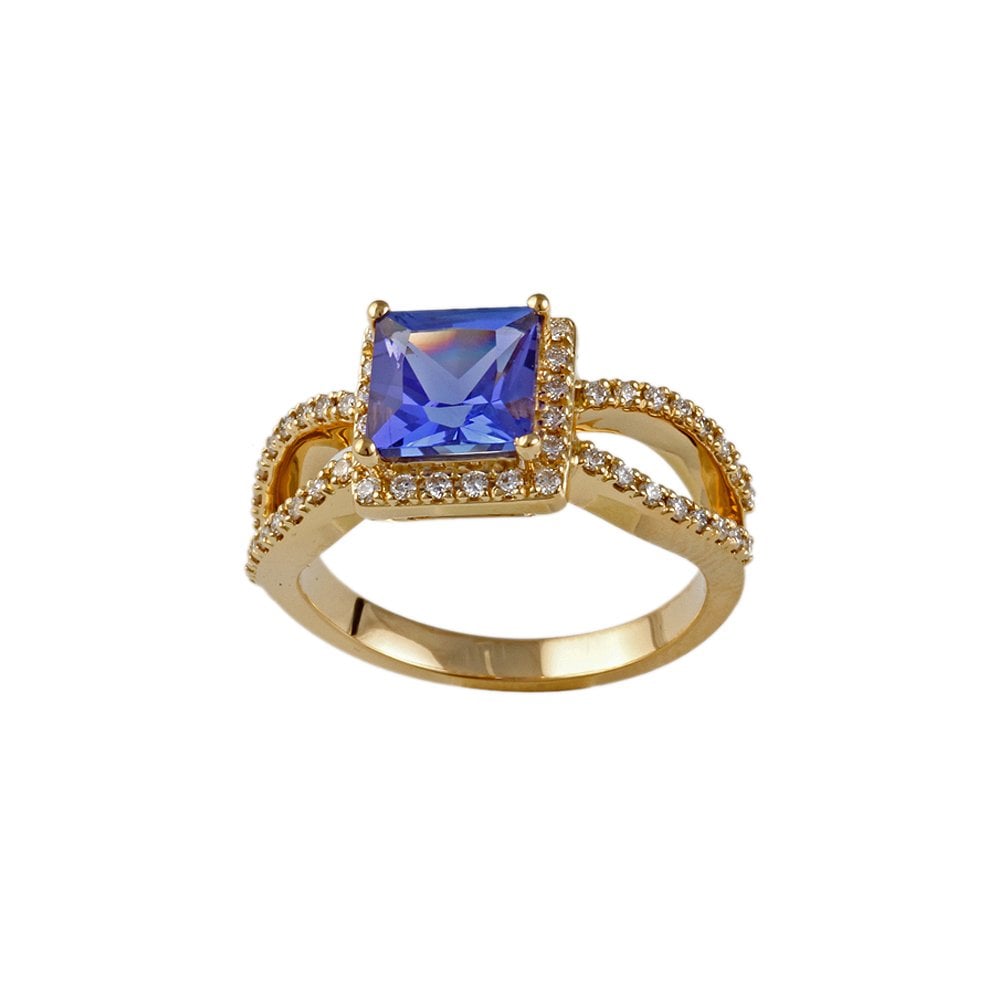 Yellow Gold 0.39ct Round Diamond and 2.28ct Square Tanzanite Set Cluster Ring