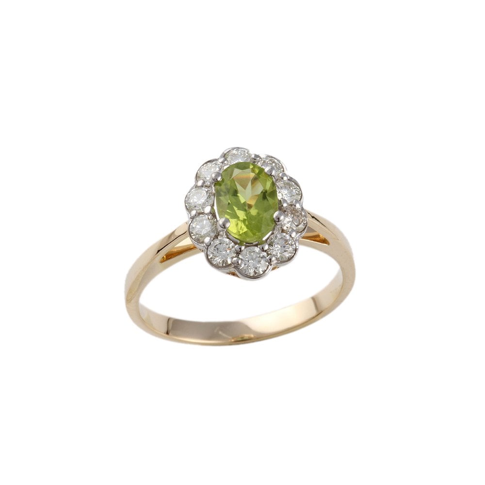 Yellow and White Gold 0.53ct Round Diamond and 0.93ct Oval Peridot Set Cluster Ring