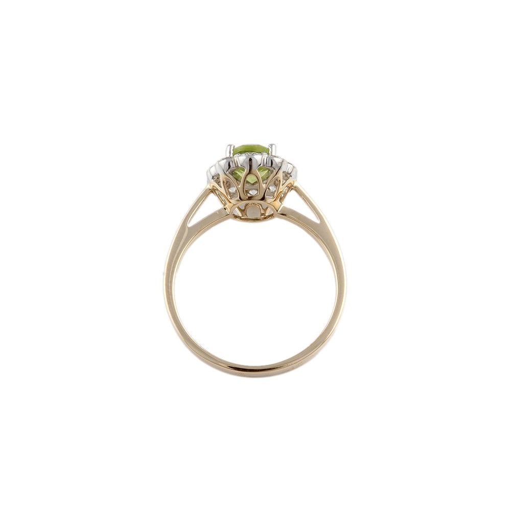Yellow and White Gold 0.53ct Round Diamond and 0.93ct Oval Peridot Set Cluster Ring