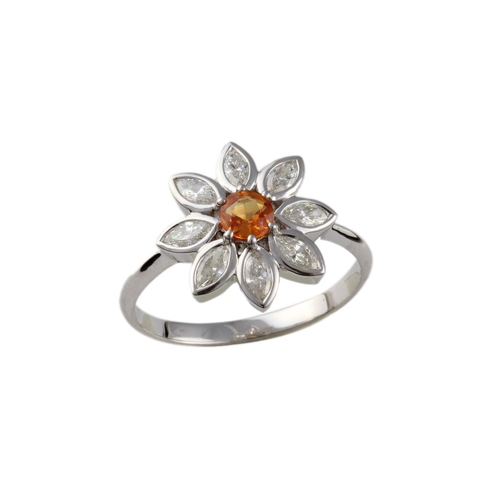 White Gold 0.57ct Marquise Diamond and 0.33ct Round Orange Sapphire Set Cluster Ring