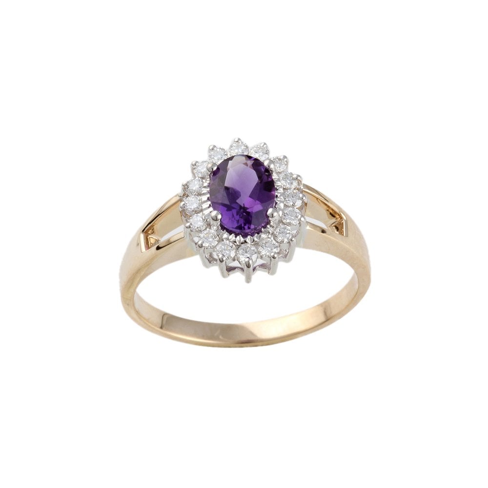 Yellow and White Gold 0.38ct Round Diamond and 1.02ct Oval Amethyst Set Cluster Ring
