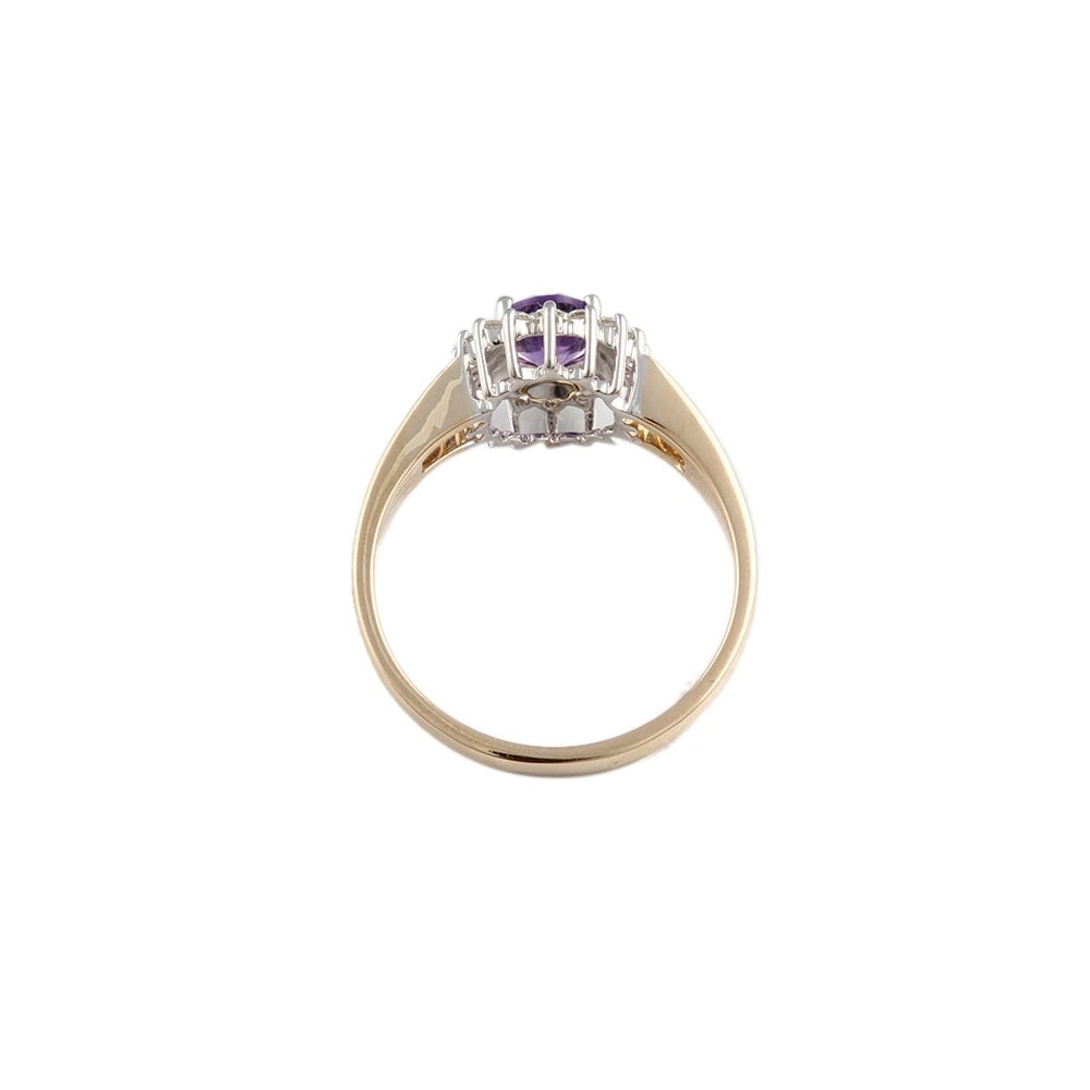 Yellow and White Gold 0.38ct Round Diamond and 1.02ct Oval Amethyst Set Cluster Ring