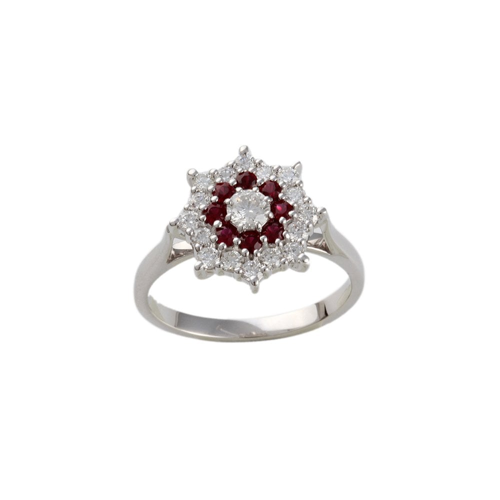 White Gold 0.66ct Round Diamond and 0.30ct Round Ruby Set Cluster Ring