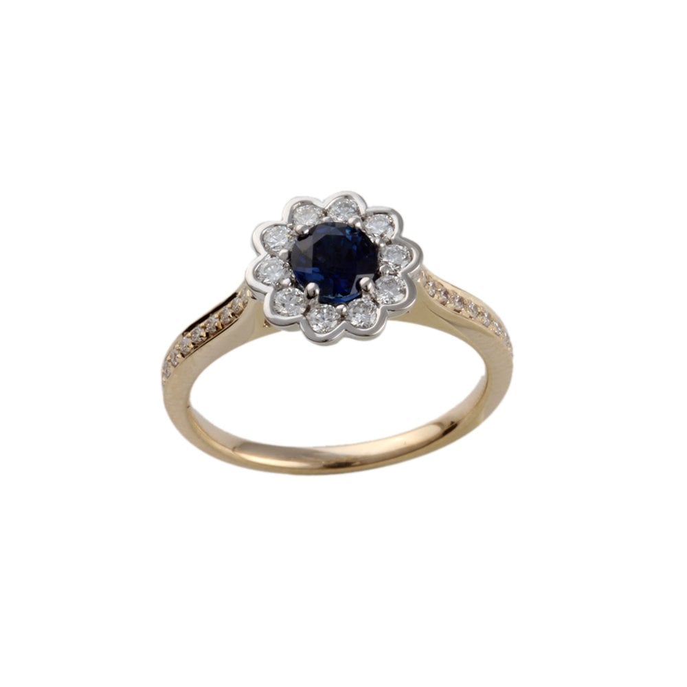 Yellow and White Gold 0.33ct Round Diamond and 0.51ct Round Blue Sapphire Set Cluster Ring
