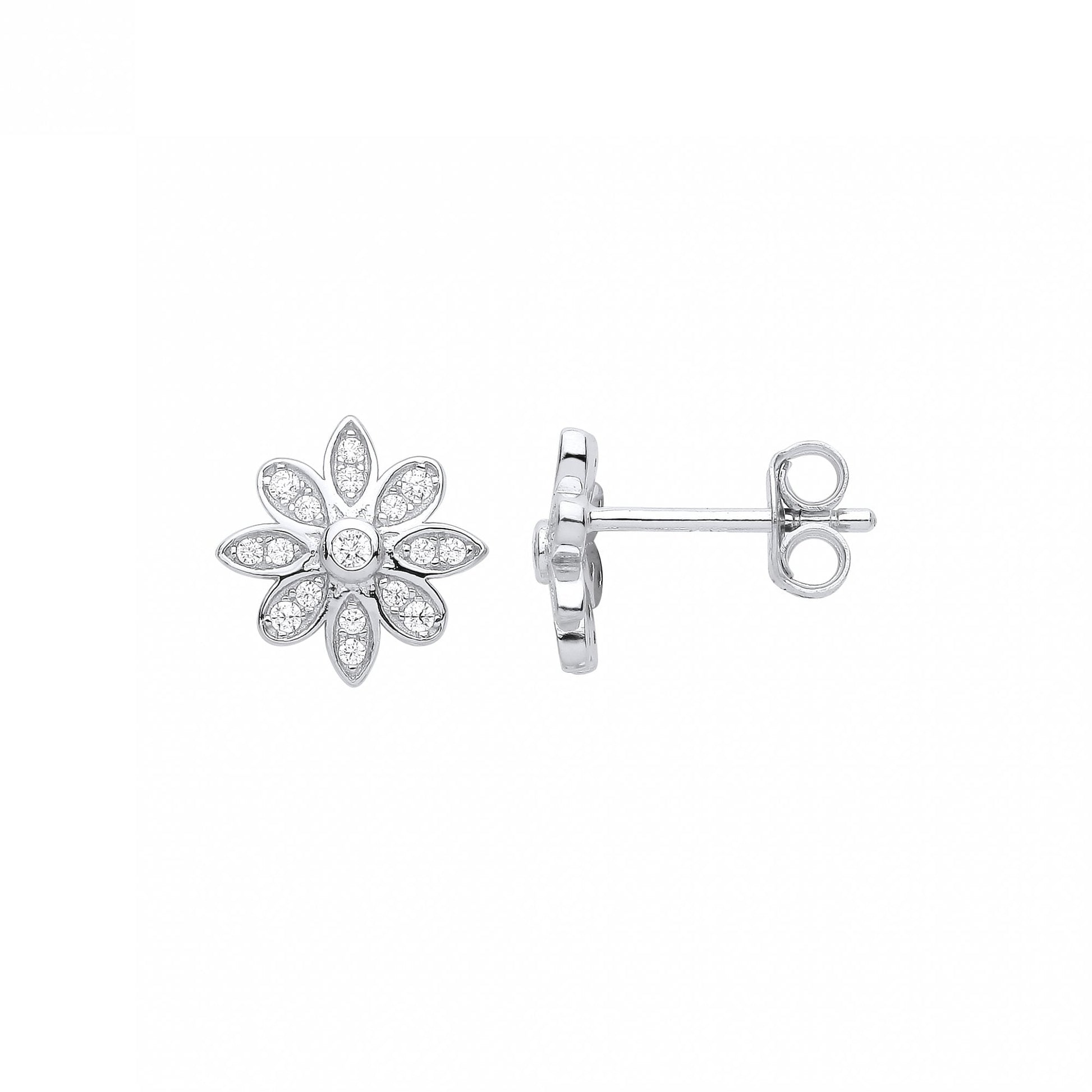 Silver CZ Flower Stud Earrings