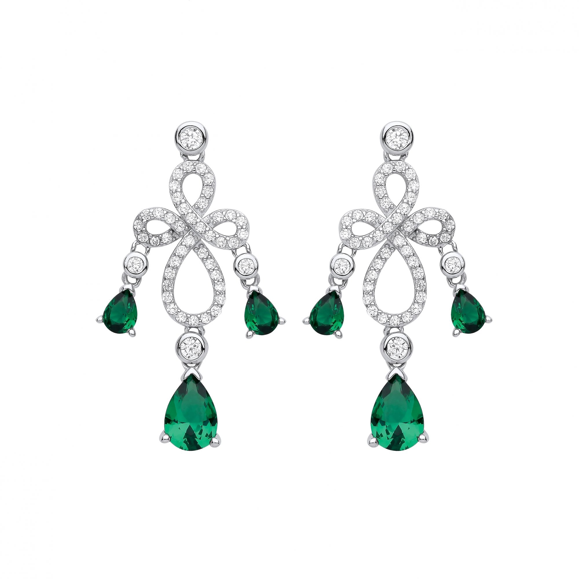 Silver CZ & Emerald Fancy Drop Earrings