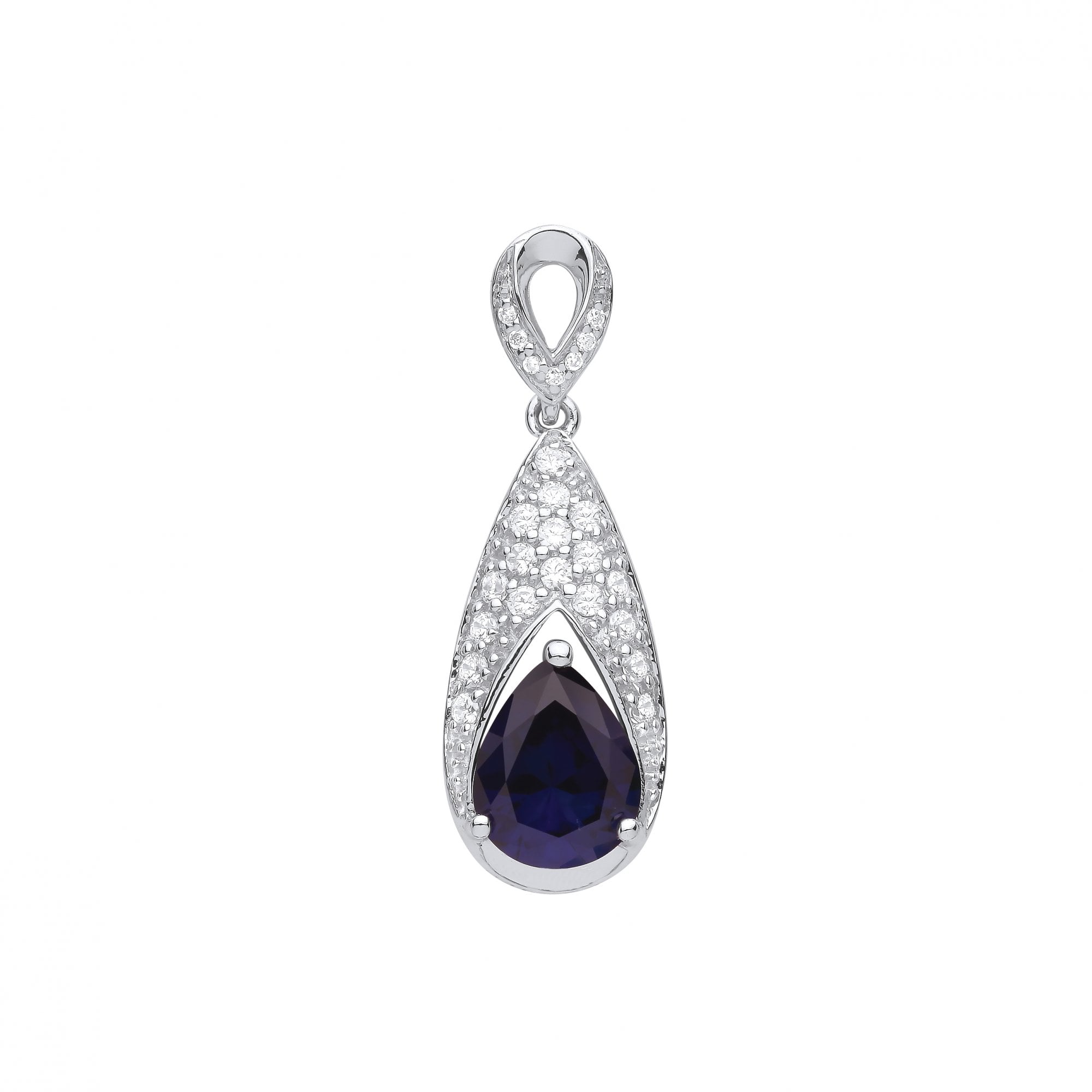 Silver CZ & Sapphire Long Drop Shape Pendant