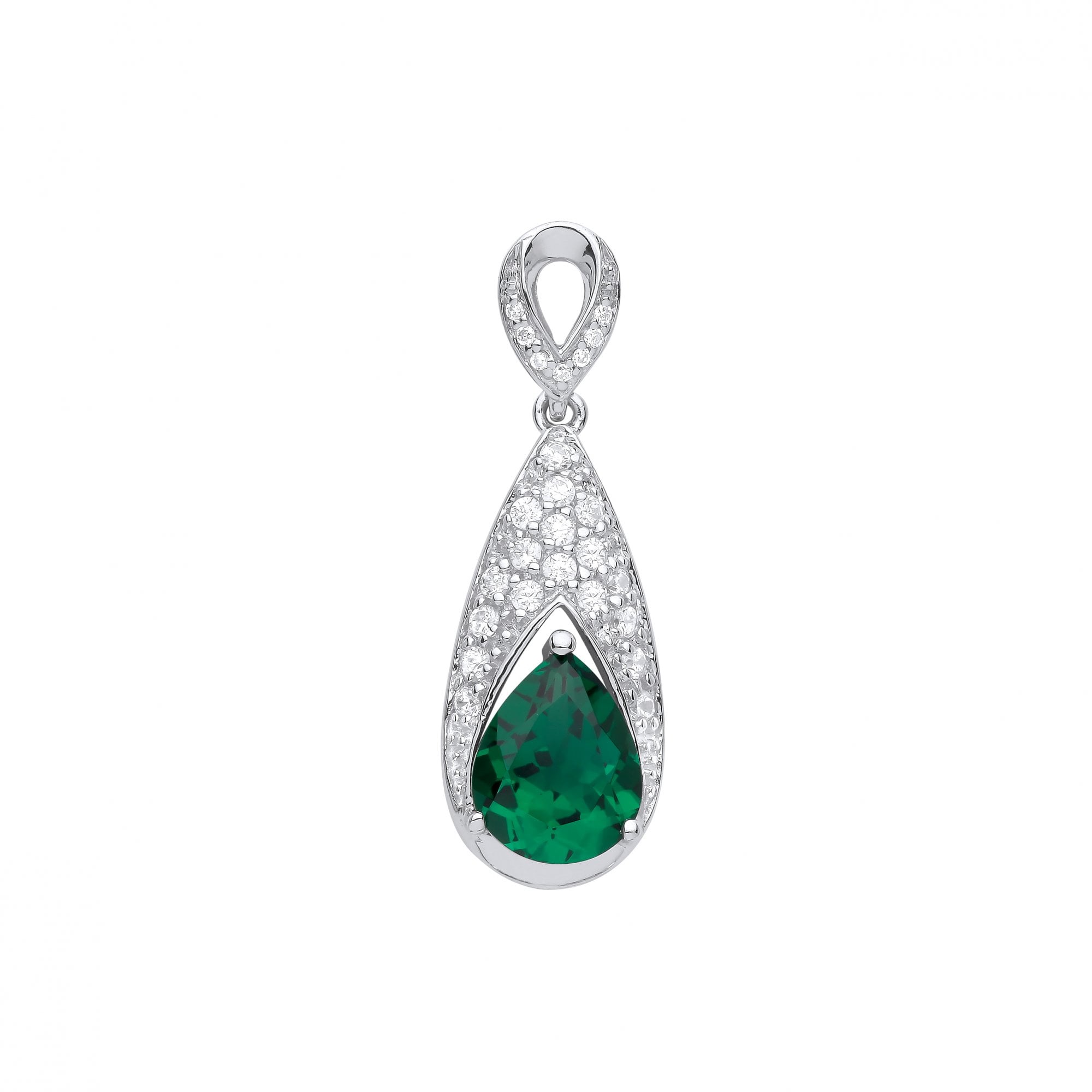Silver CZ & Emerald Long Drop Shape Pendant