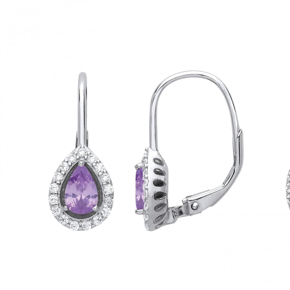 925 Sterling Silver CZ & Violet Pear Drop Earrings