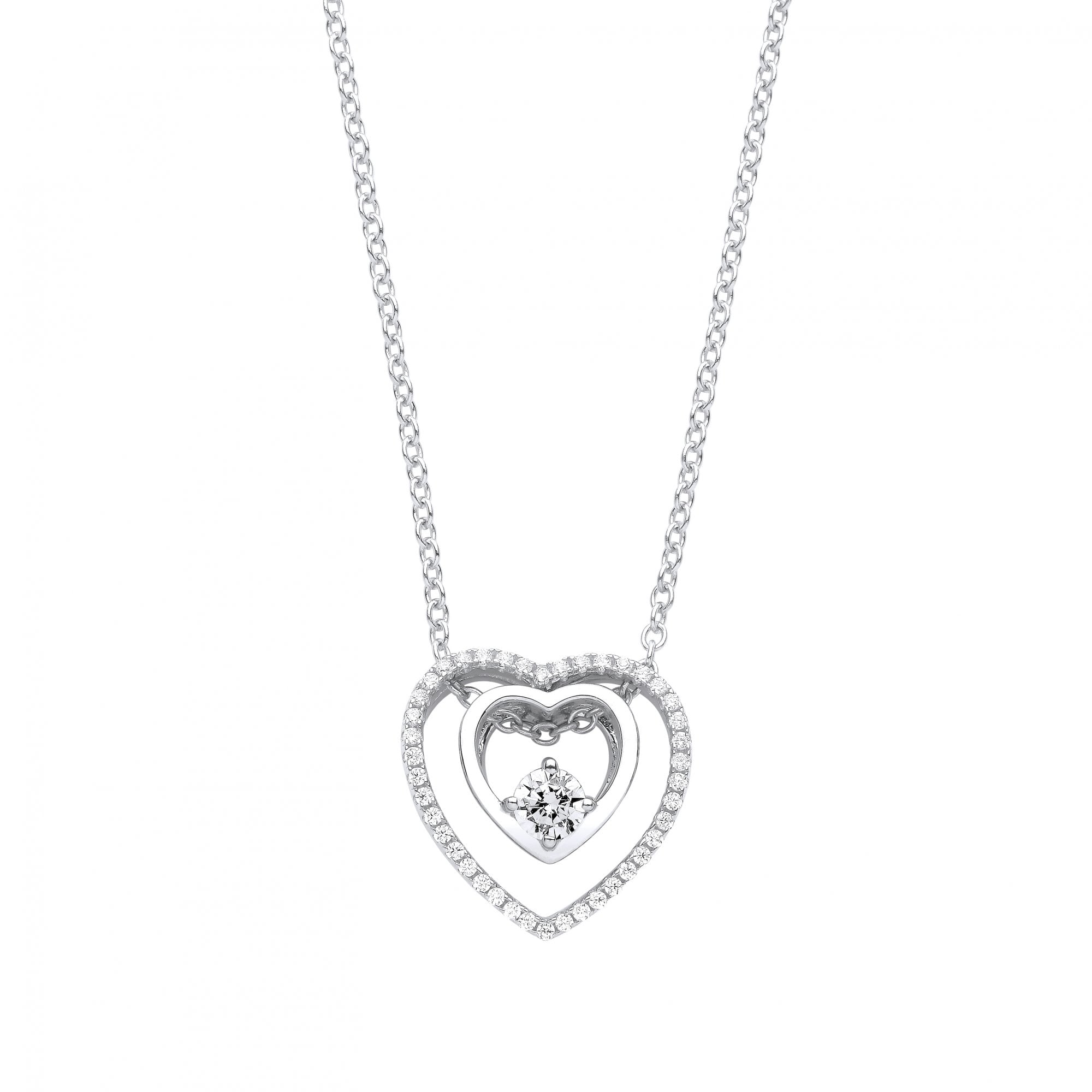 Silver CZ Double Heart Fancy Pendant Necklace