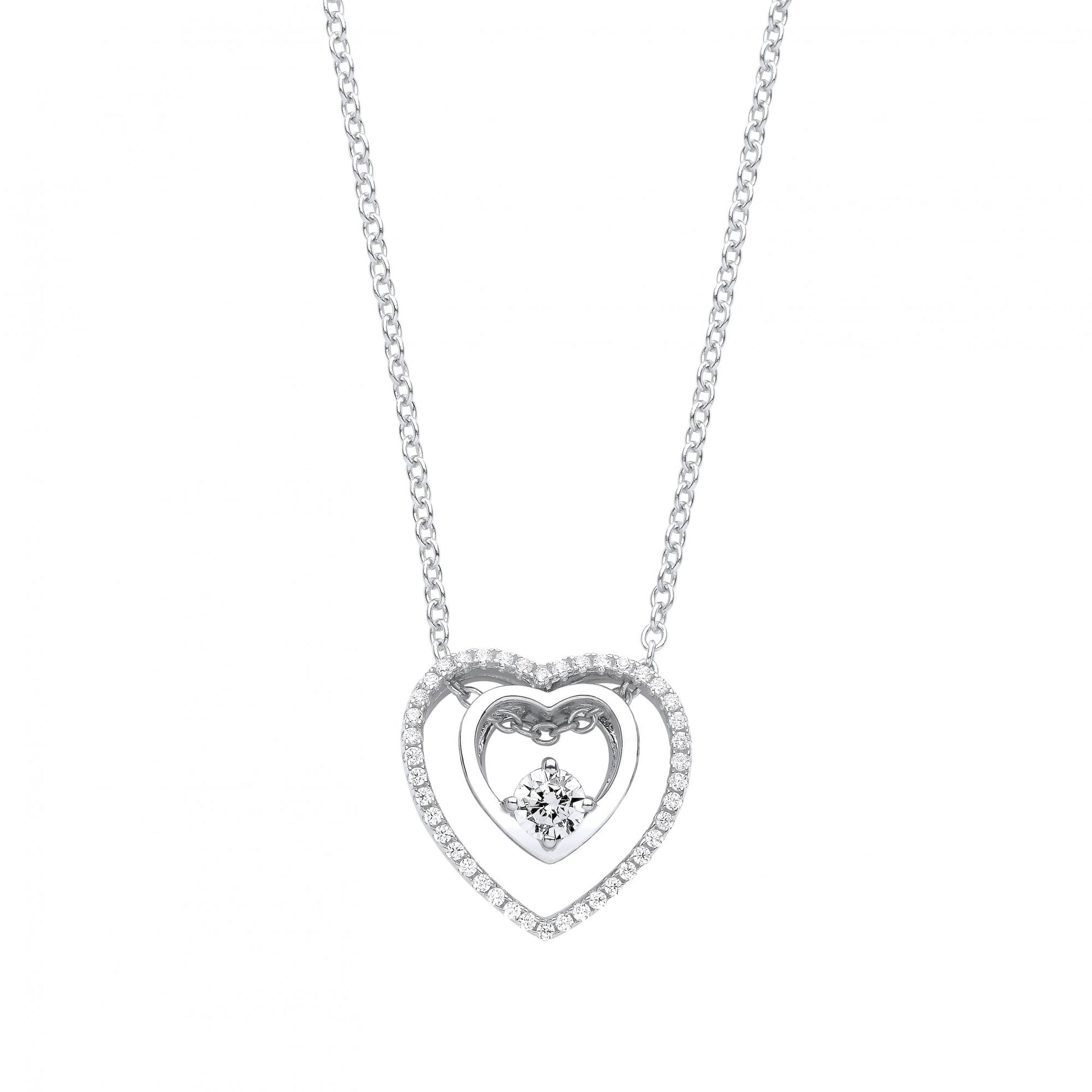 Silver CZ Double Heart Fancy Pendant Necklace
