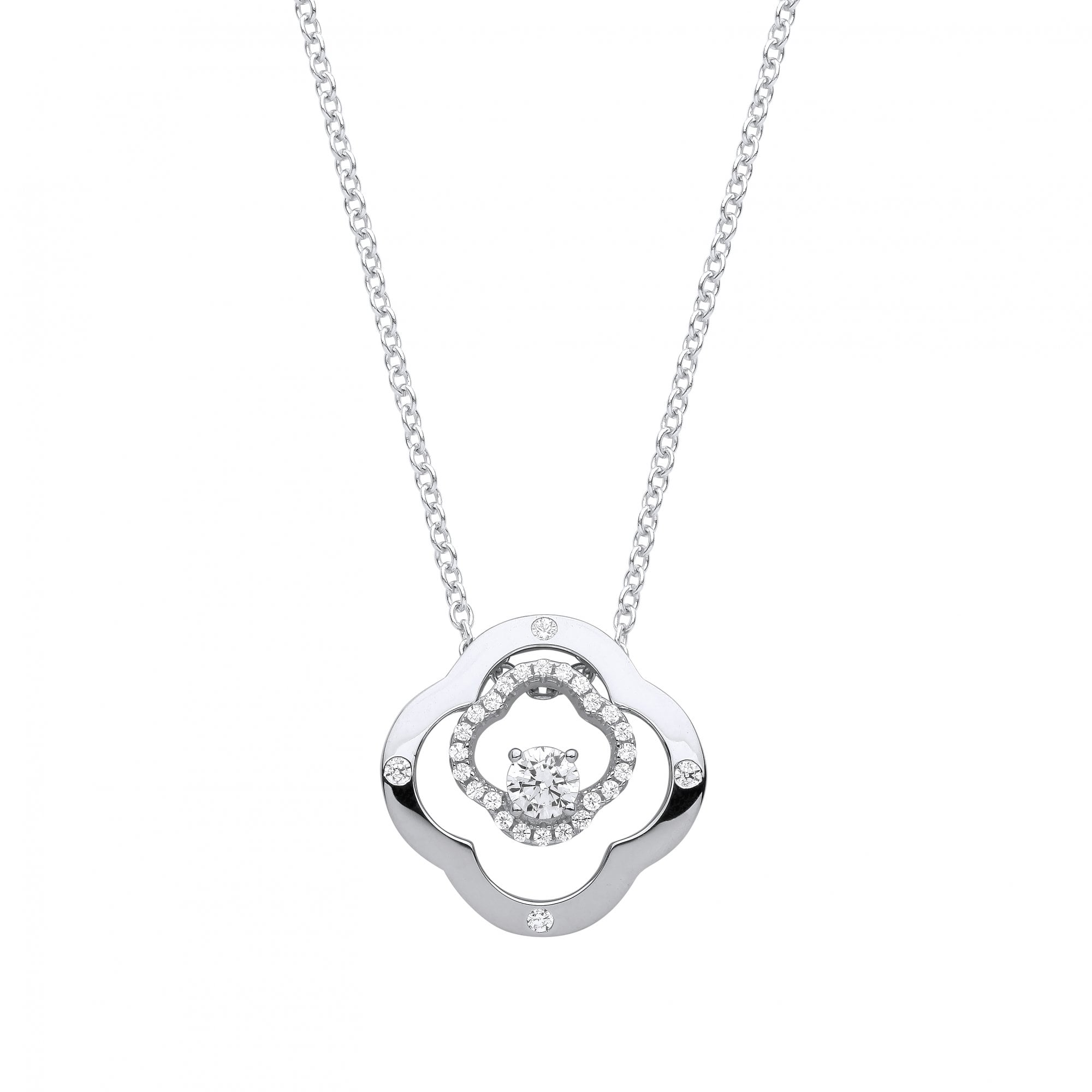 Silver CZ Flower Shape Fancy Pendant Necklace