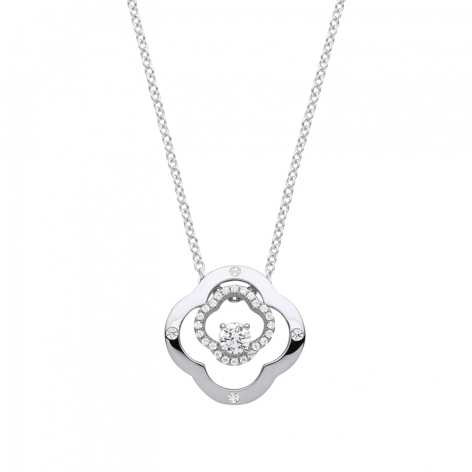 Silver CZ Flower Shape Fancy Pendant Necklace