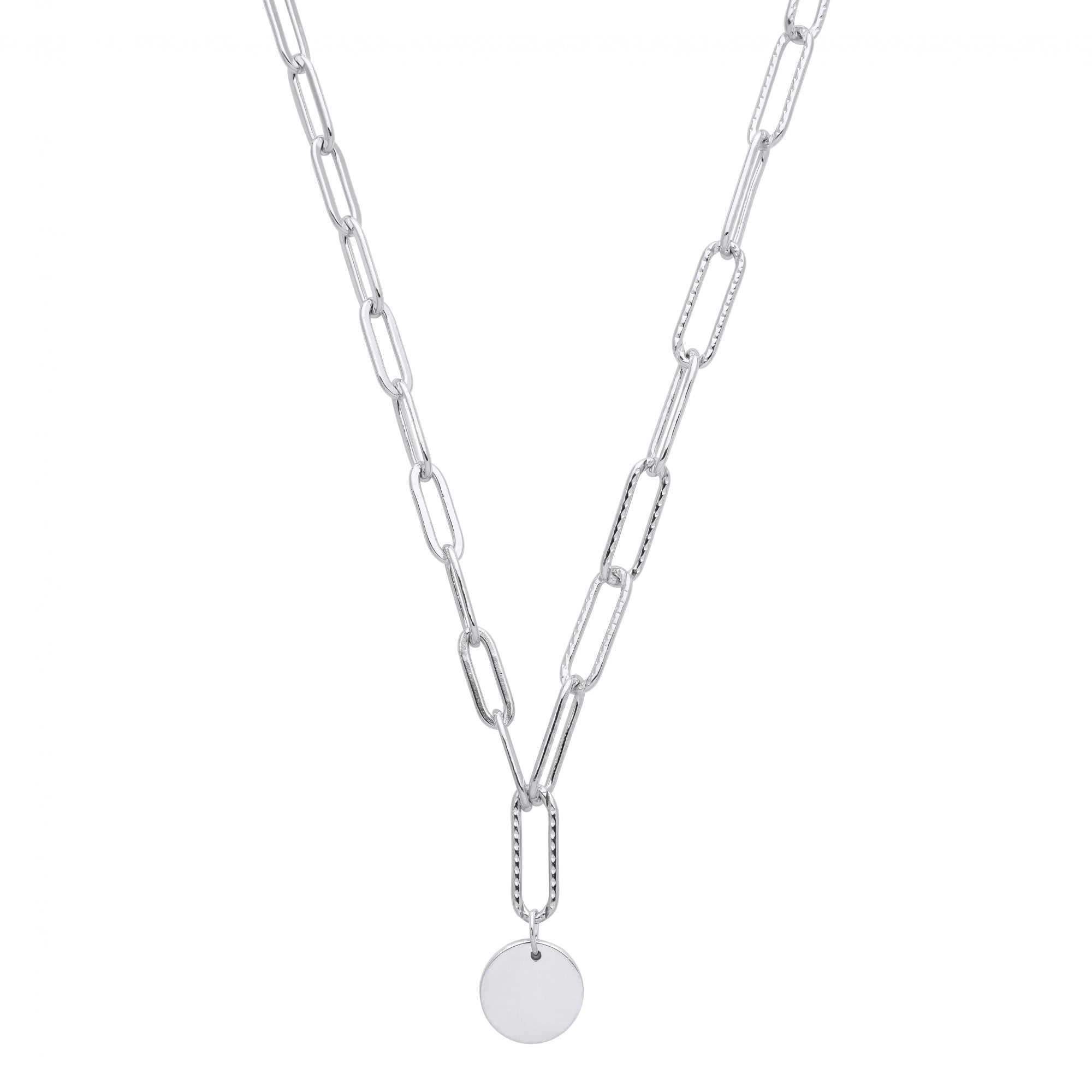 Silver Paper Link Diamond Cut Chain With Disc Pendant