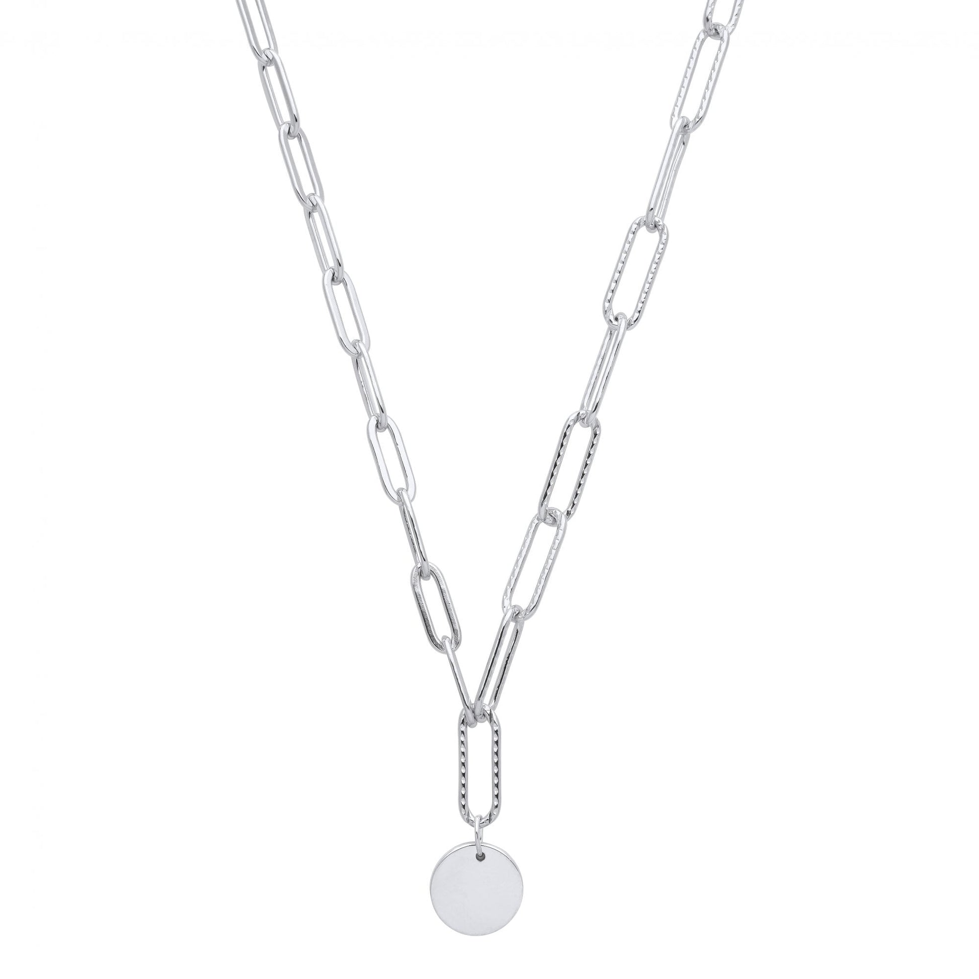 Silver Paper Link Diamond Cut Chain With Disc Pendant