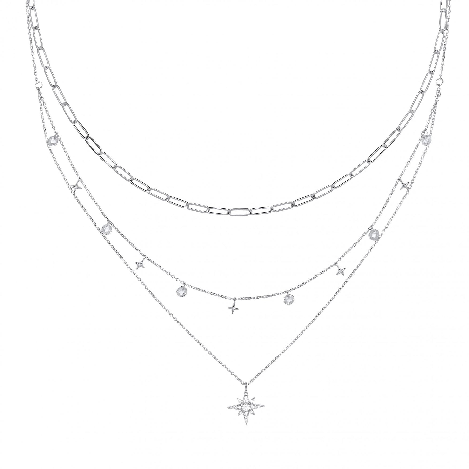 Silver Triple Paper Link Chain With Star Charms