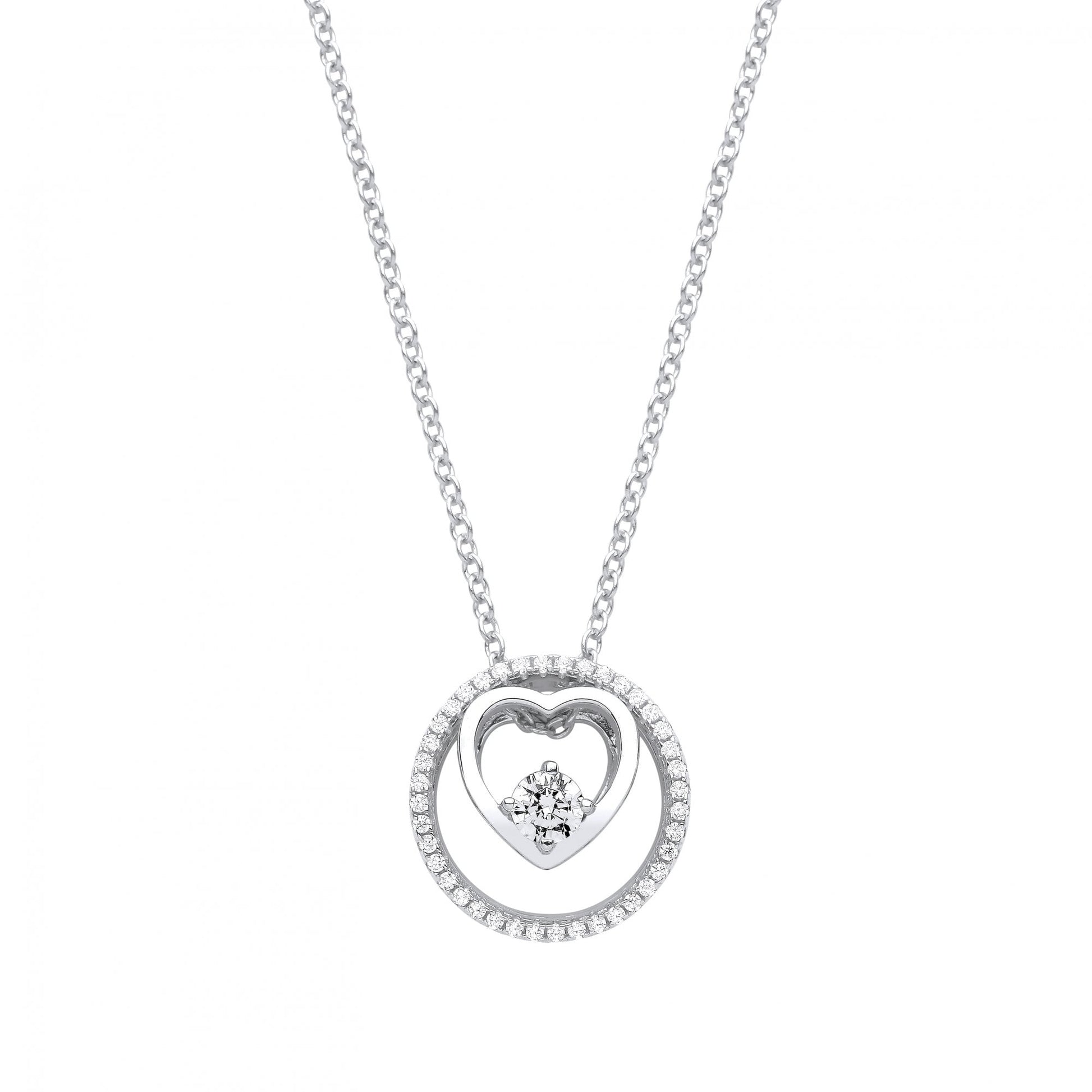 Silver CZ Double Heart Pendant Necklace