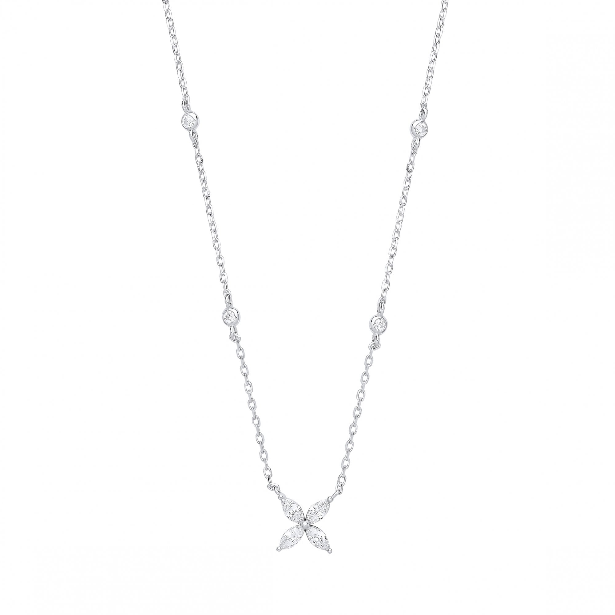 Silver CZ Flower Pendant Necklace