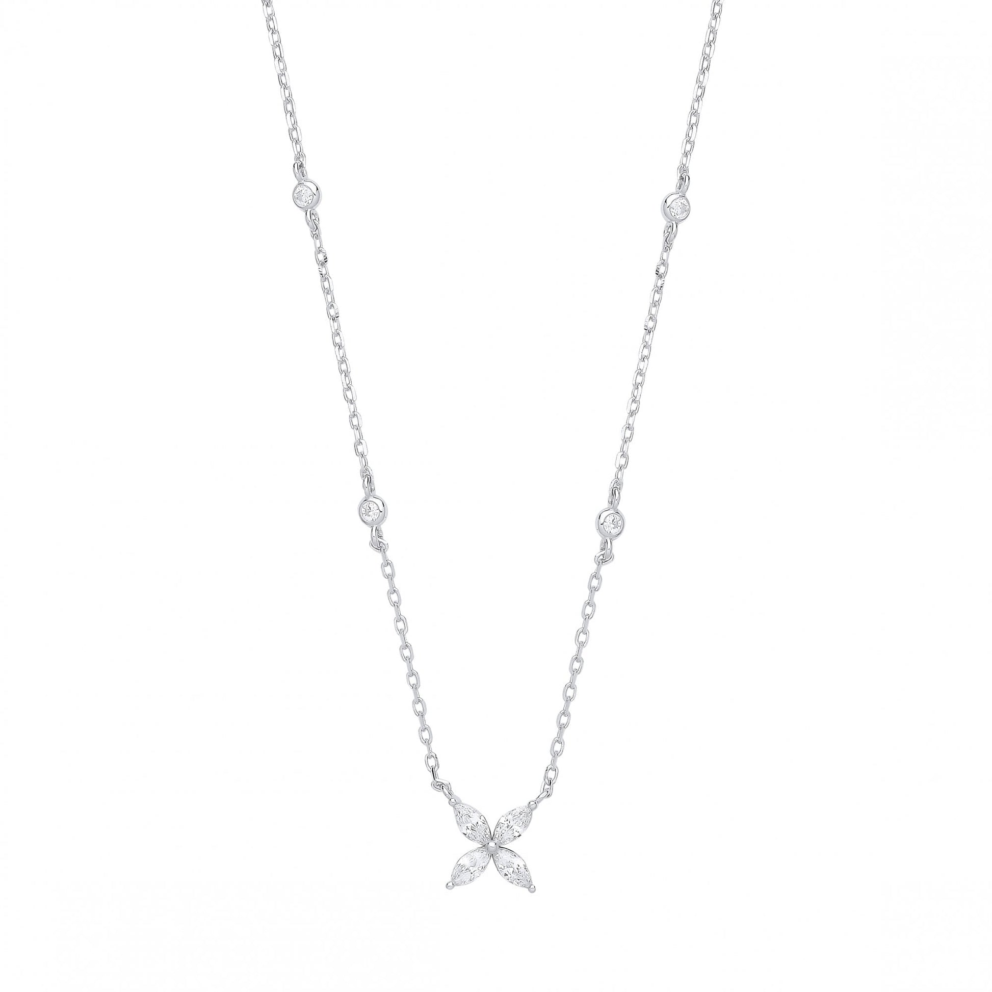 Silver CZ Flower Pendant Necklace