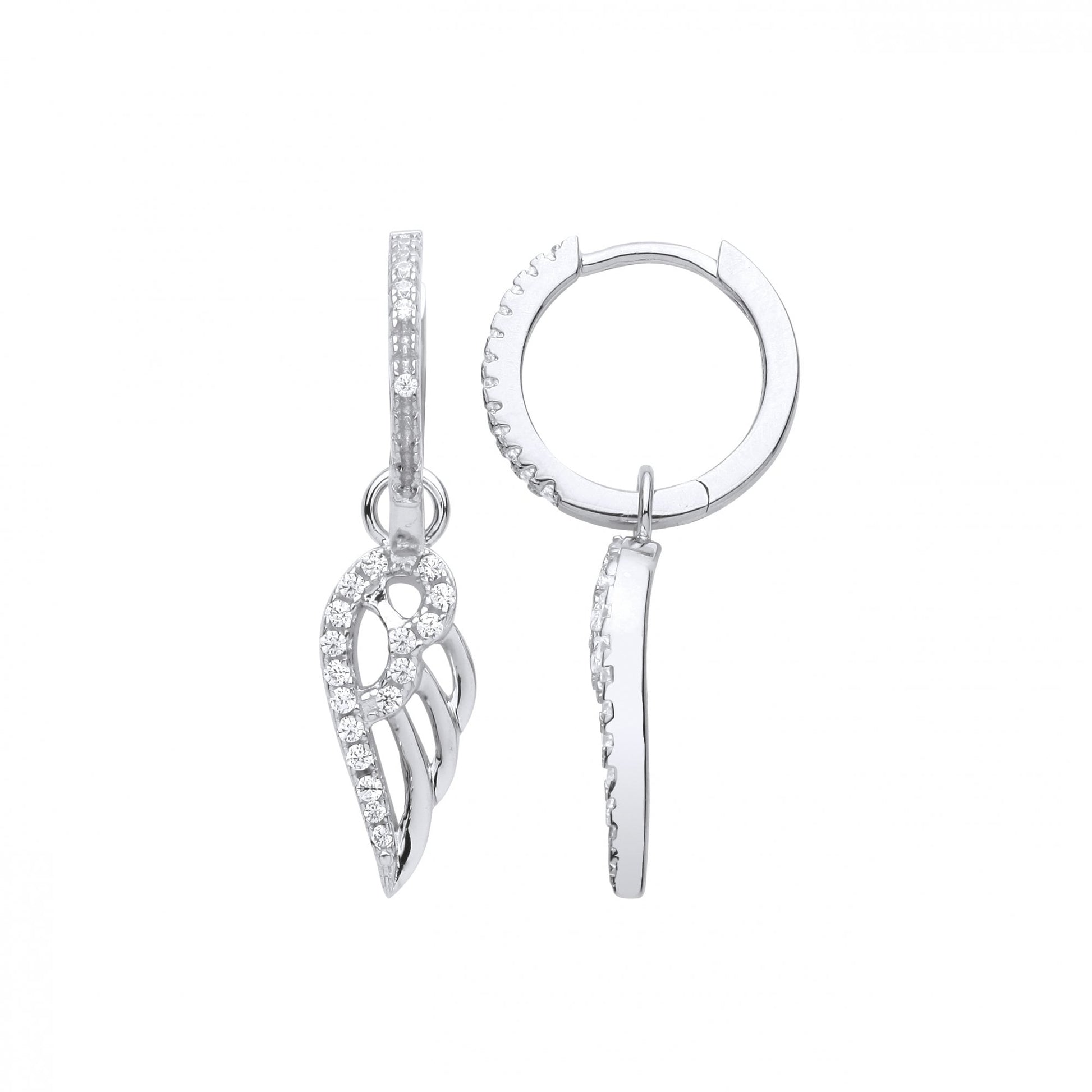 Silver CZ Angel Wings Hoop Drop Earrings