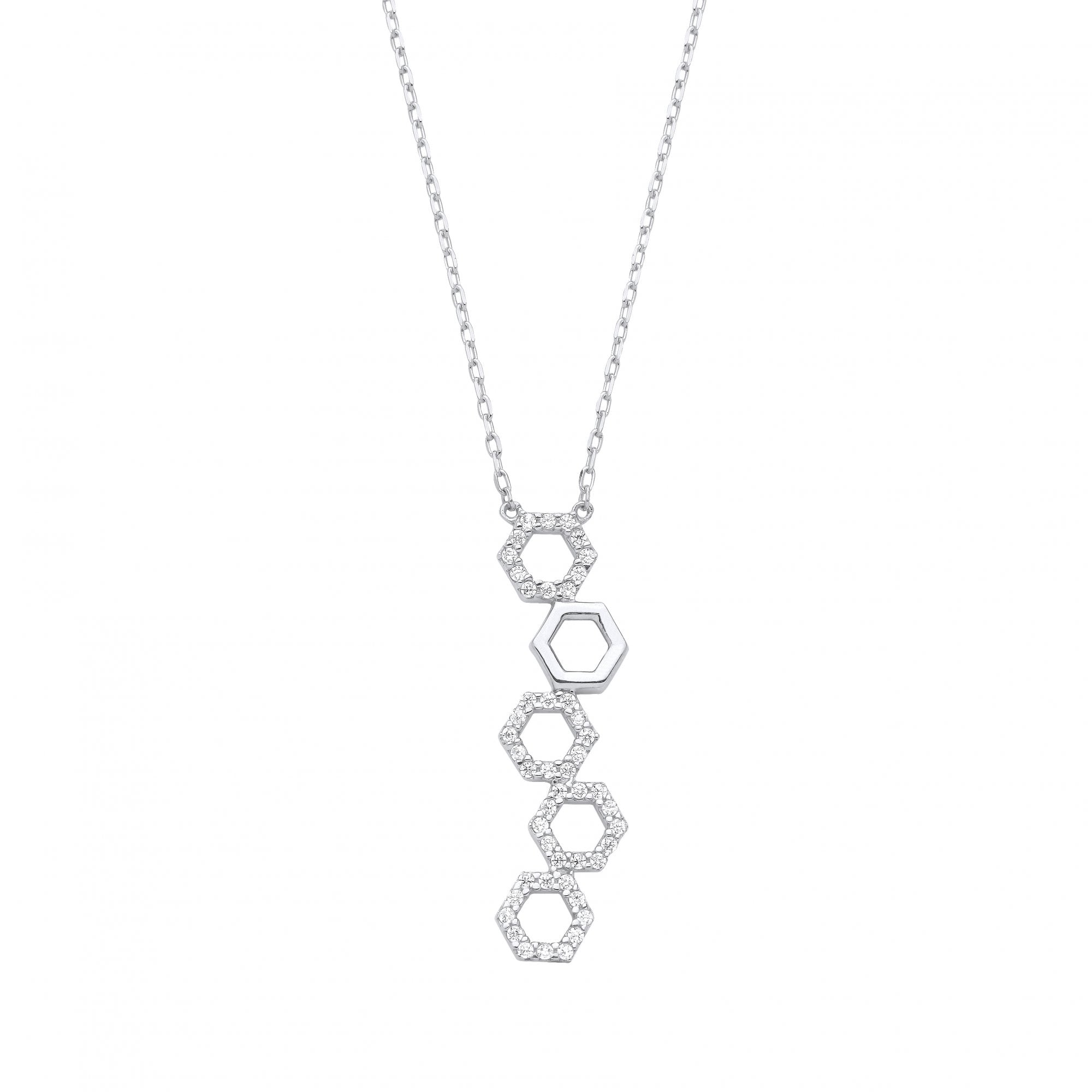 Silver CZ Hexagon Pendant Necklace