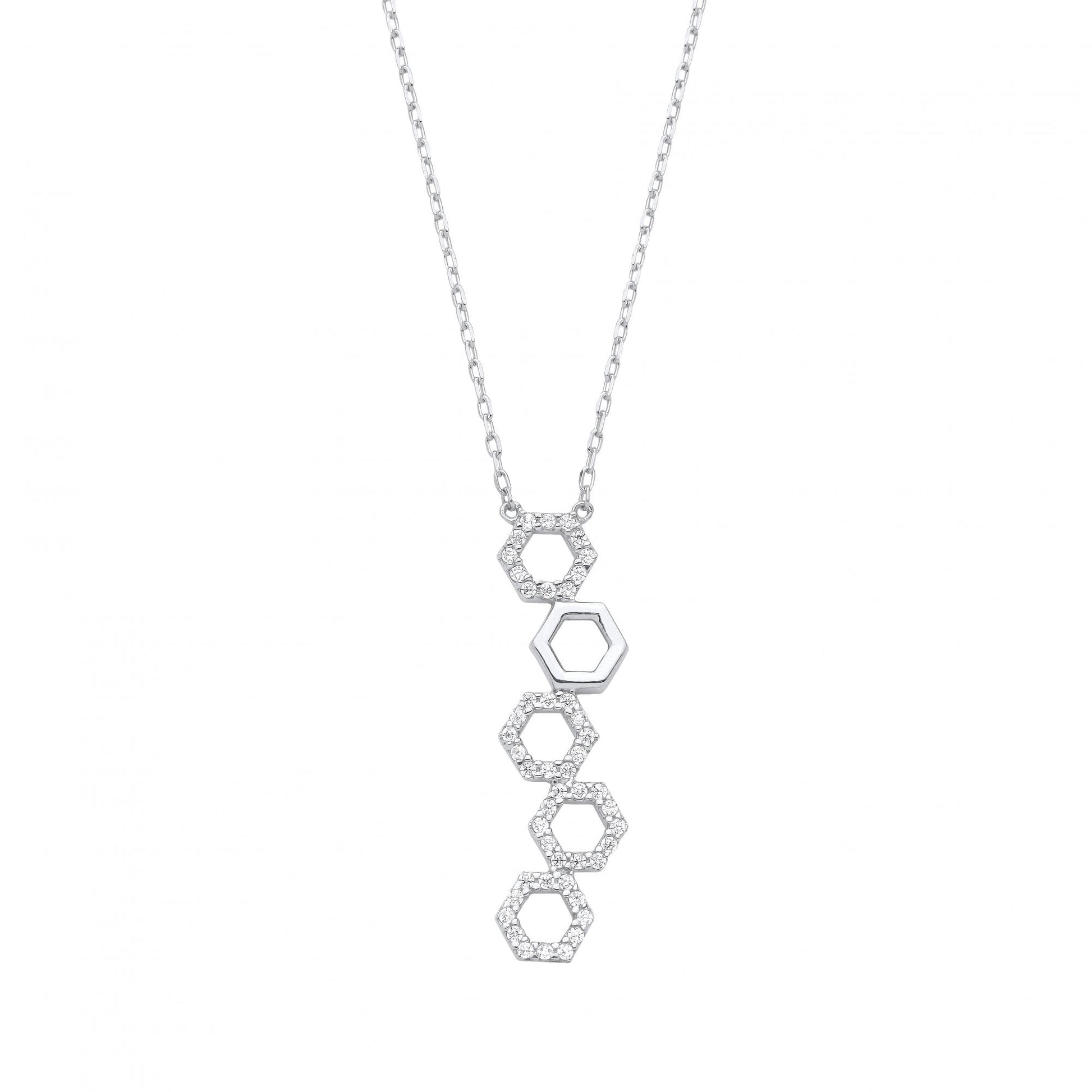 Silver CZ Hexagon Pendant Necklace