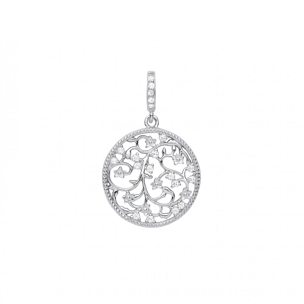 Silver CZ Flower Cut Out Round Pendant