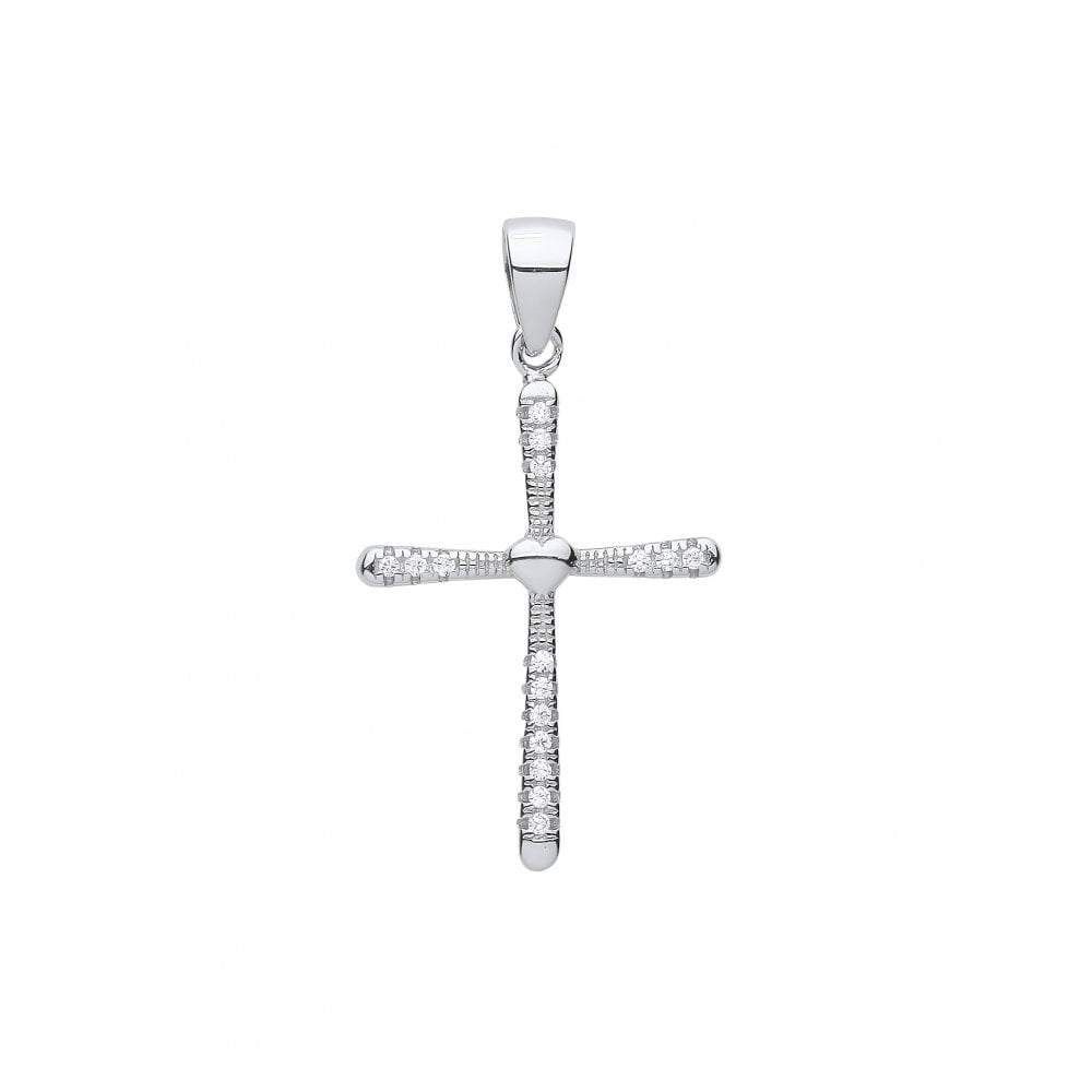Silver CZ Fancy Heart Cross Pendant