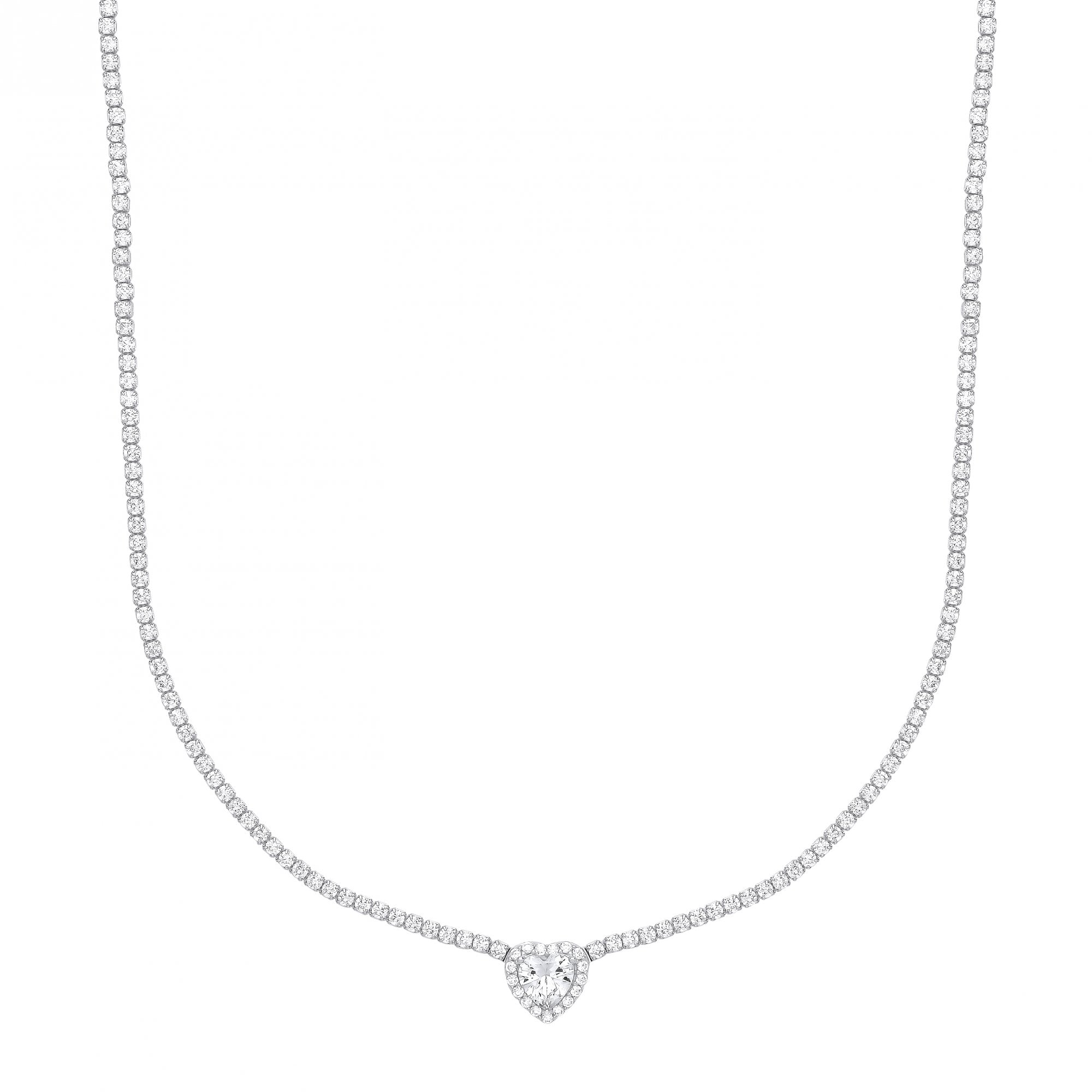 Silver CZ Tennis Choker Necklace With Heart Pendant (+ Ext)