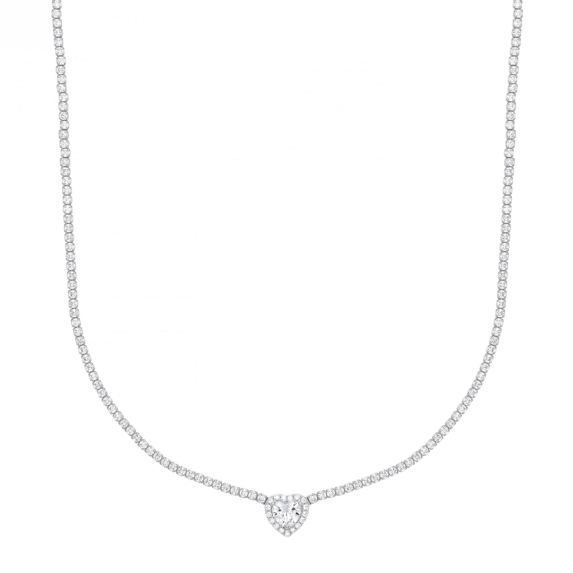 Silver CZ Tennis Choker Necklace With Heart Pendant (+ Ext)