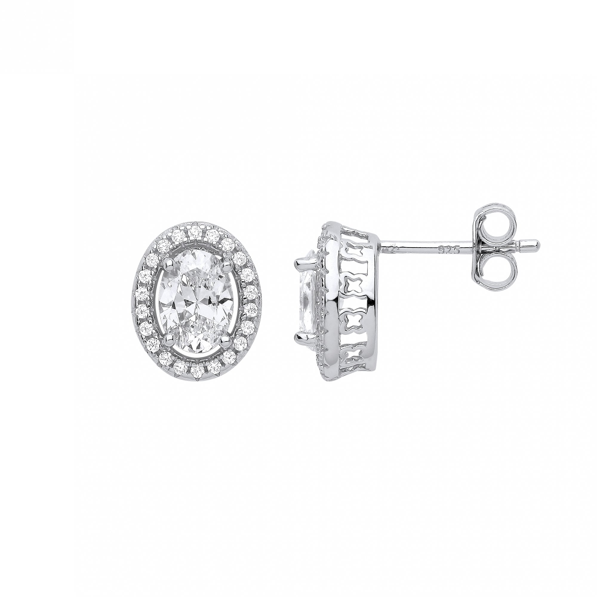 Silver CZ Oval Cluster Stud Earrings