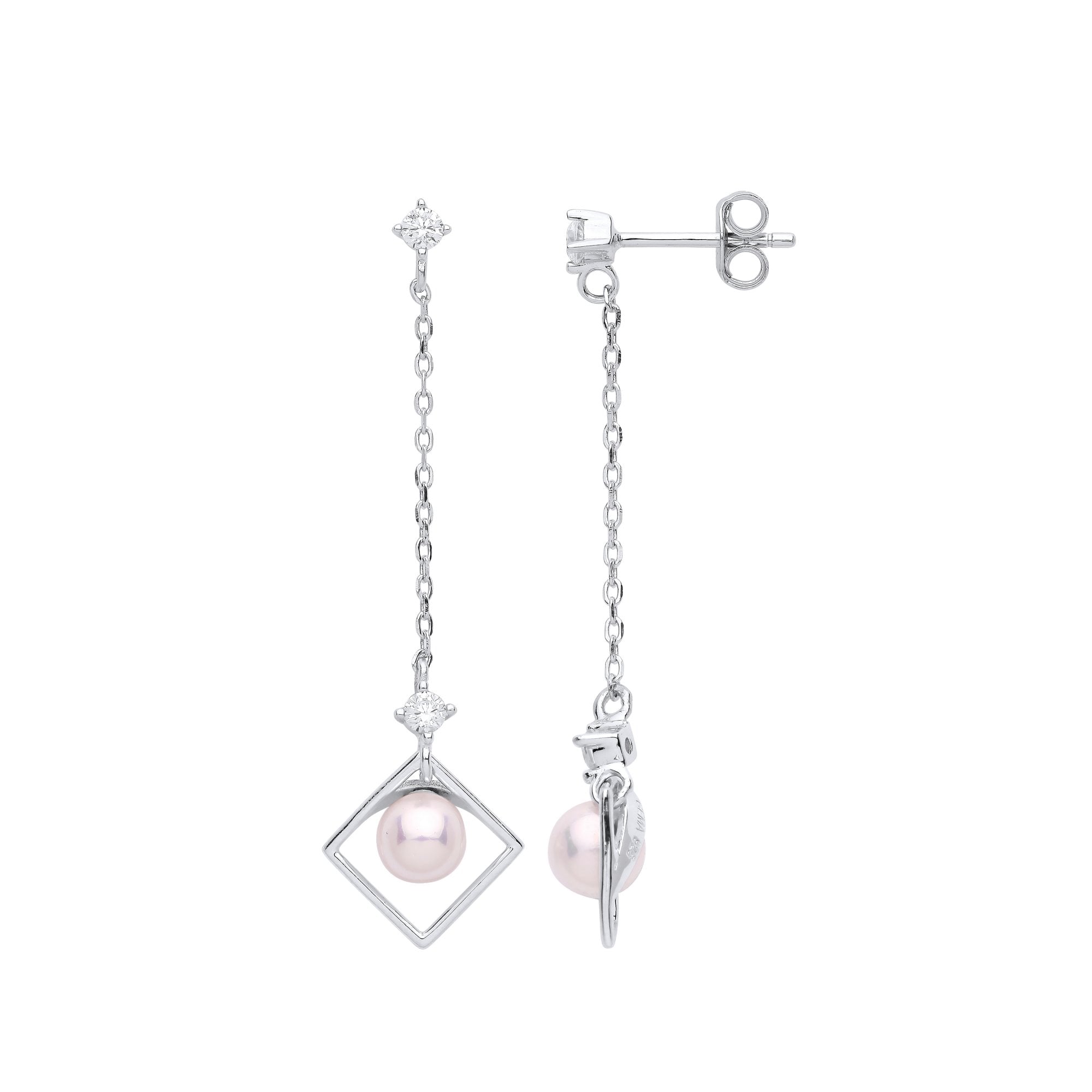 Silver Chain Drop Pearl Earrings