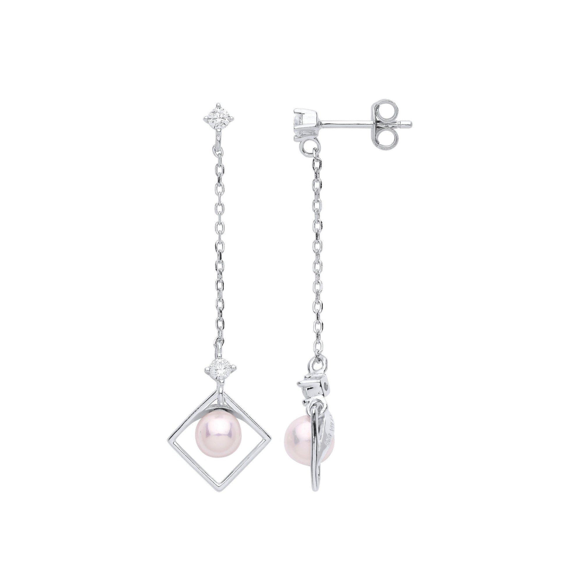 Silver Chain Drop Pearl Earrings