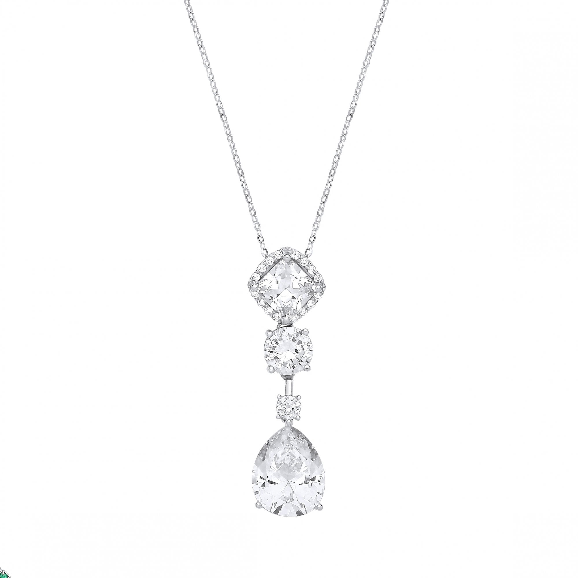 Silver CZ Fancy Cushion, Round & Pear Drop Pendant Necklace