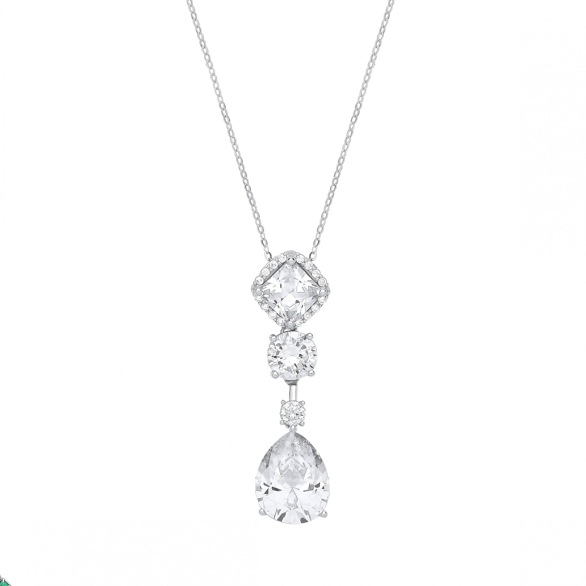 Silver CZ Fancy Cushion, Round & Pear Drop Pendant Necklace