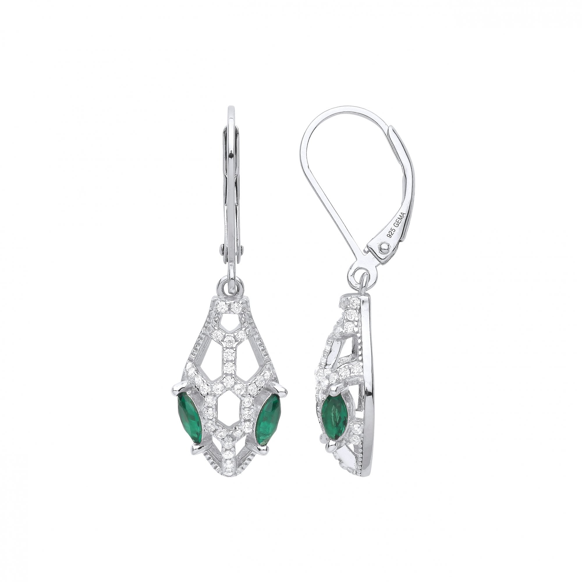 Silver CZ & Emerald Cage Drop Earrings