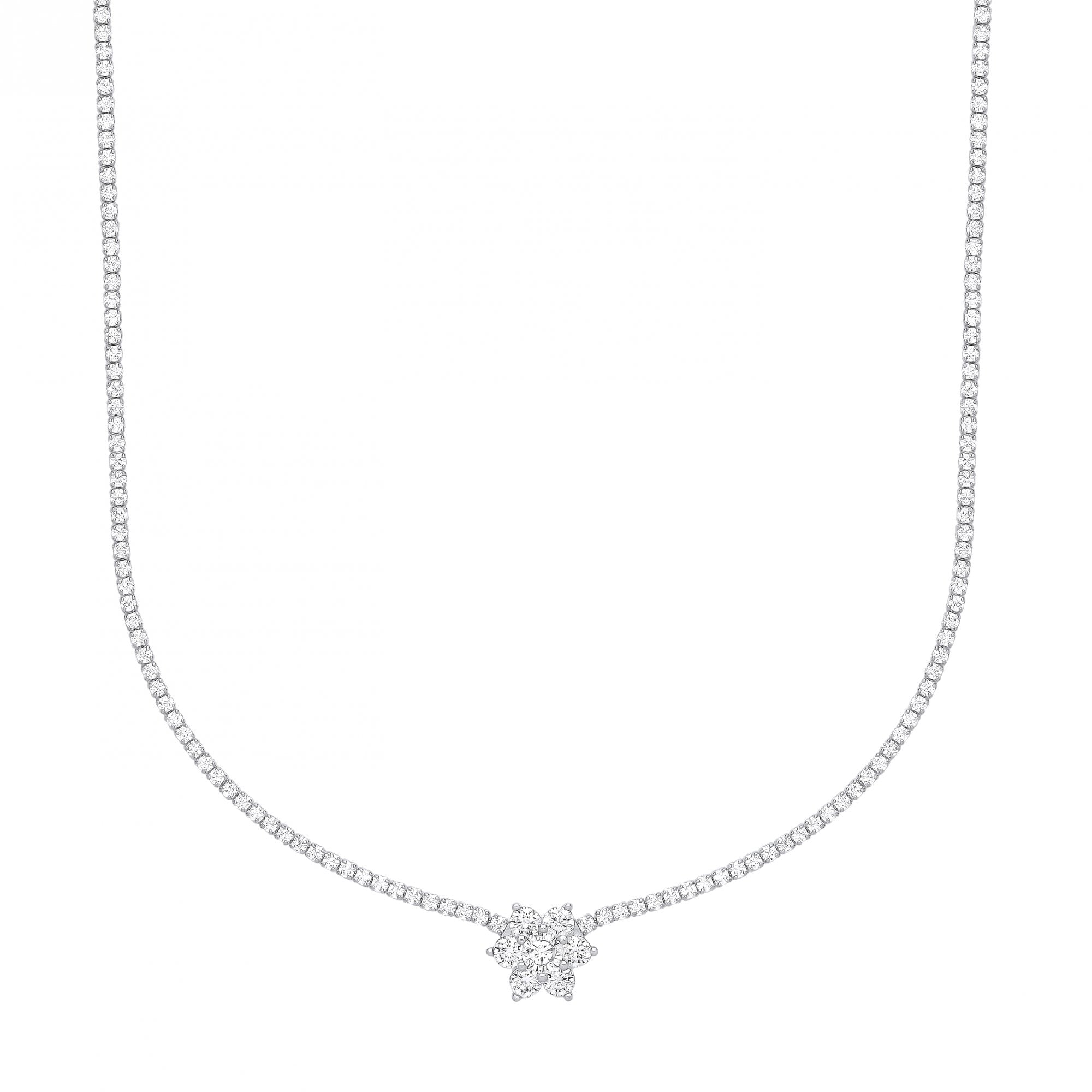 Silver CZ Tennis Choker Necklace With Flower Pendant (+ Ext)