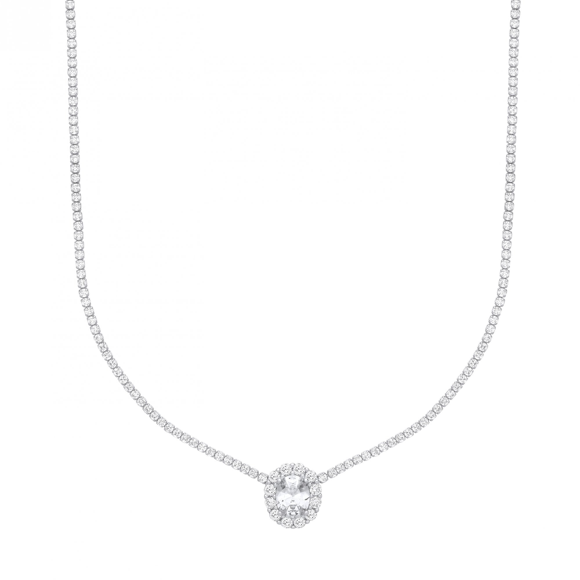 Silver CZ Tennis Choker 13" Necklace With Oval Pendant (+2" Ext)
