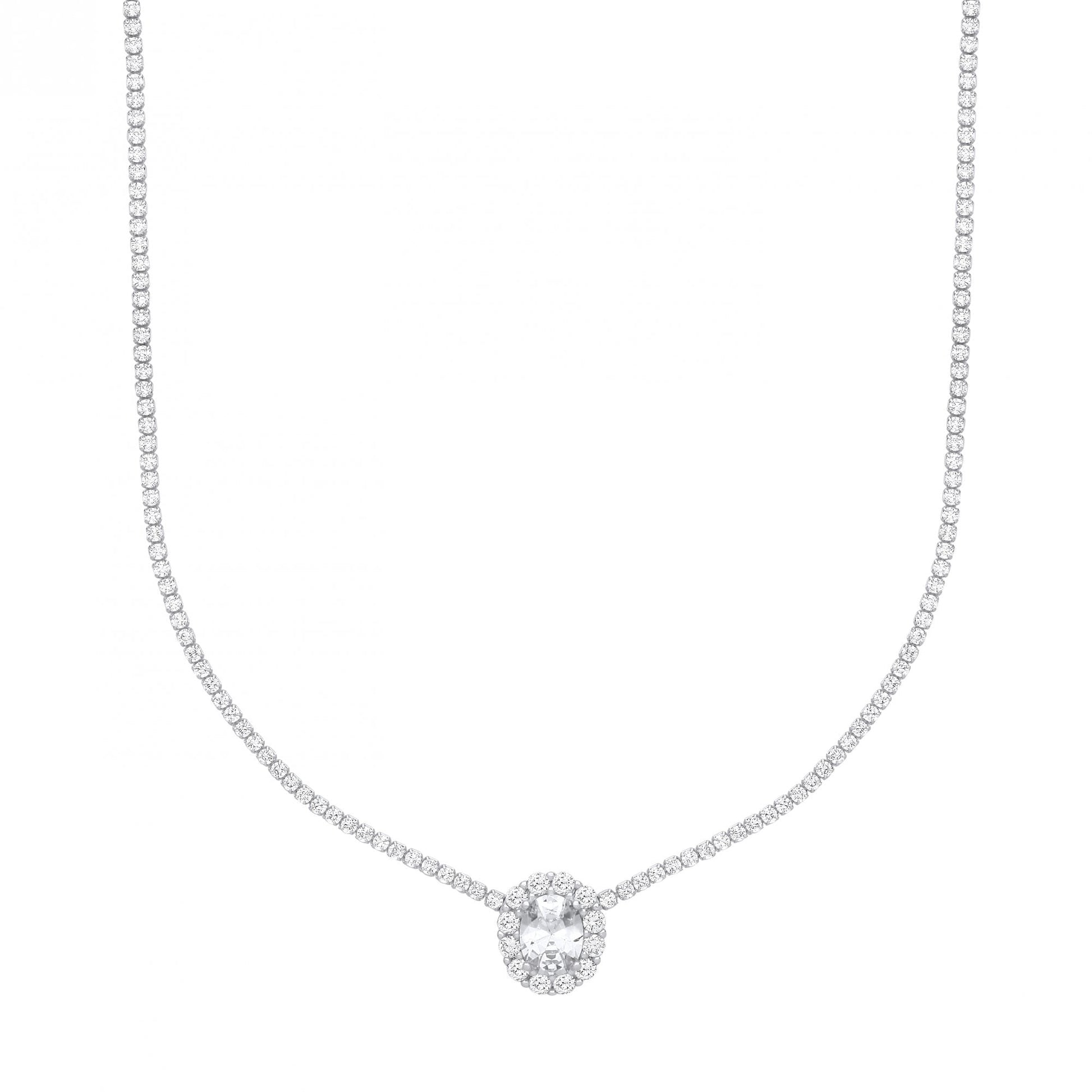 Silver CZ Tennis Choker 13" Necklace With Oval Pendant (+2" Ext)
