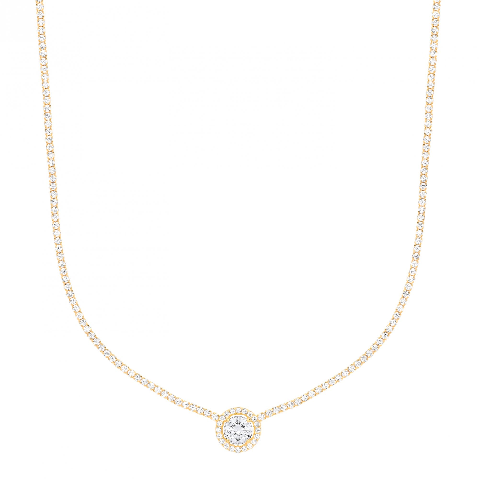 Gold Plated CZ Tennis Choker Necklace With Pendant (+ Ext)