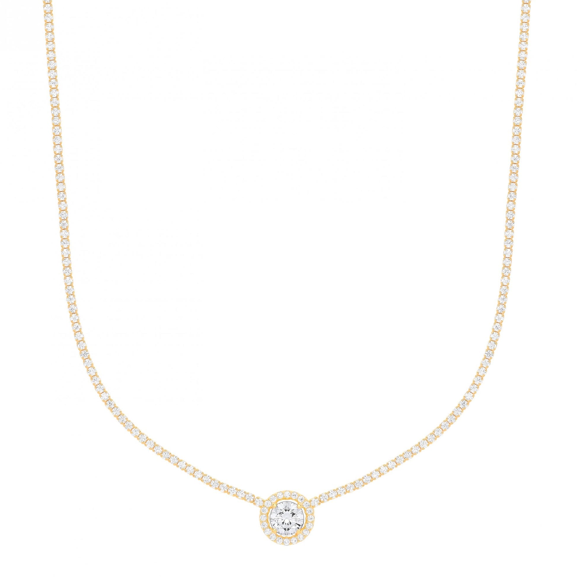 Gold Plated CZ Tennis Choker Necklace With Pendant (+ Ext)