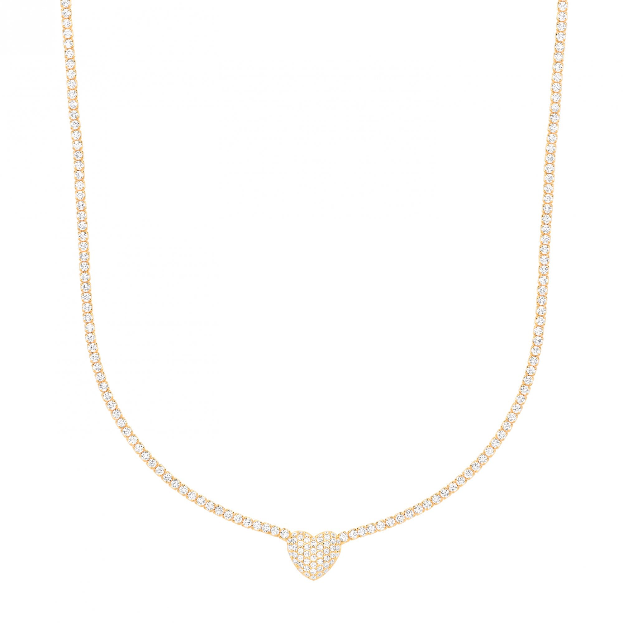Gold Plated CZ Tennis 14" Choker Necklace With Heart (+2" Ext)
