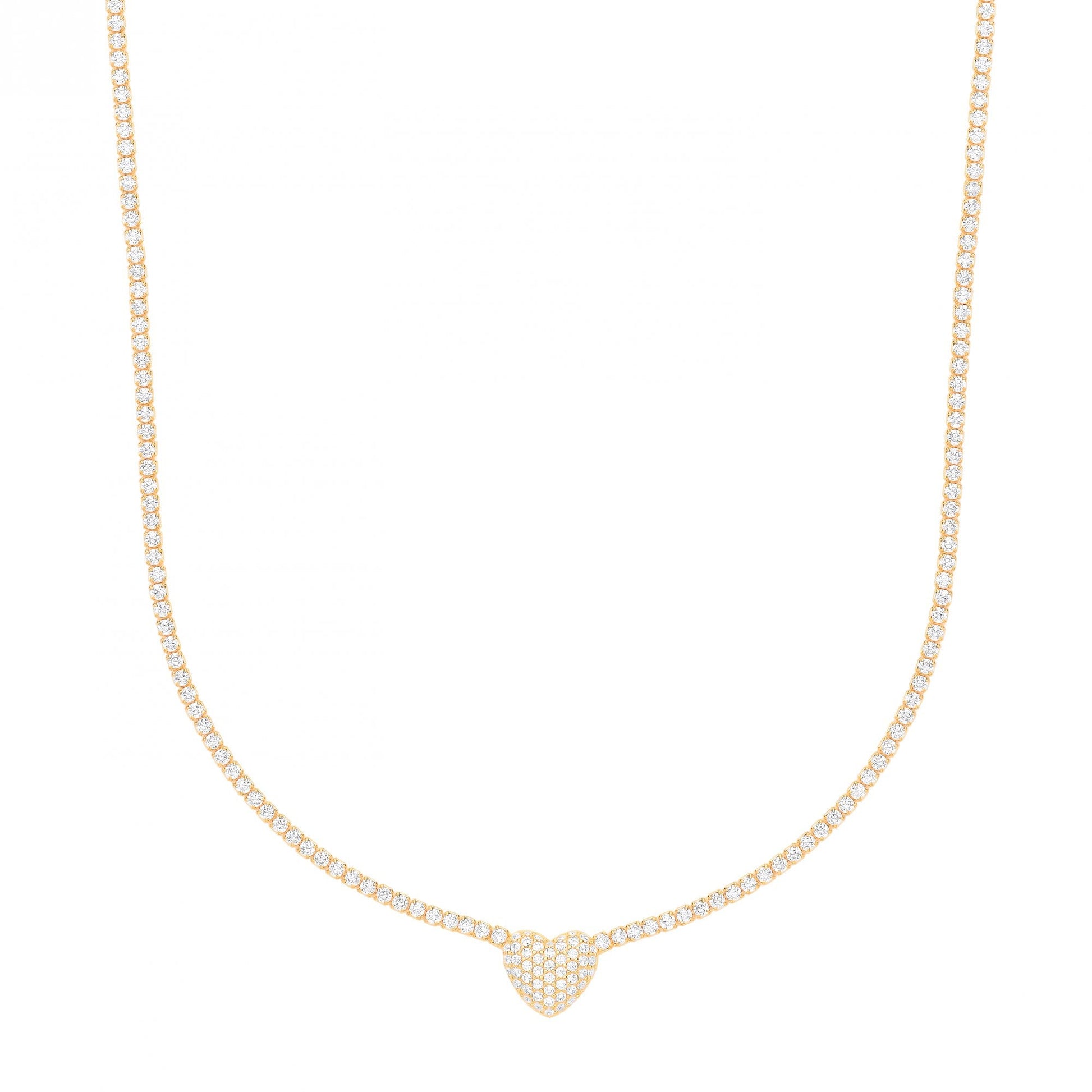 Gold Plated CZ Tennis 14" Choker Necklace With Heart (+2" Ext)
