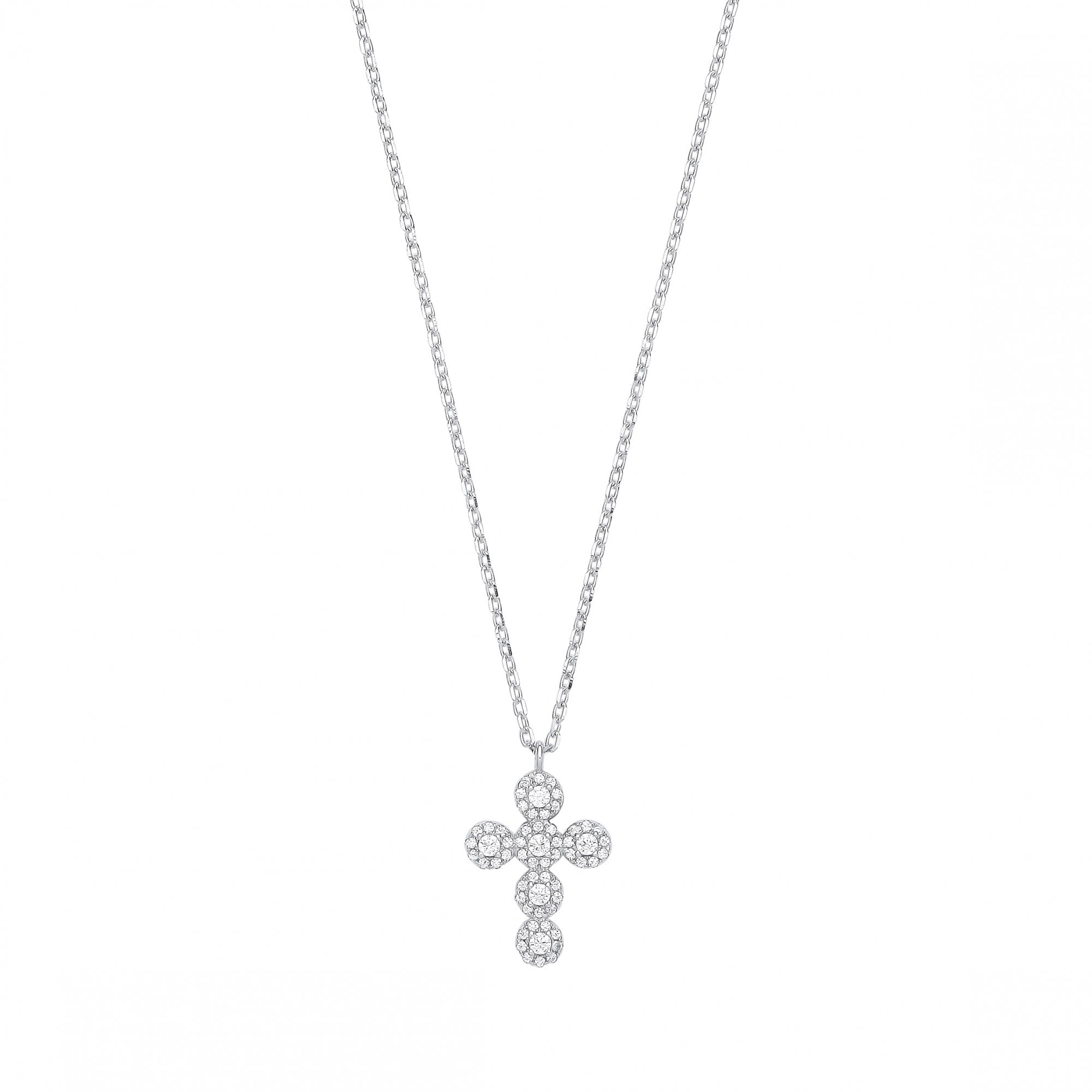 Silver CZ Fancy Cross Pendant Necklace