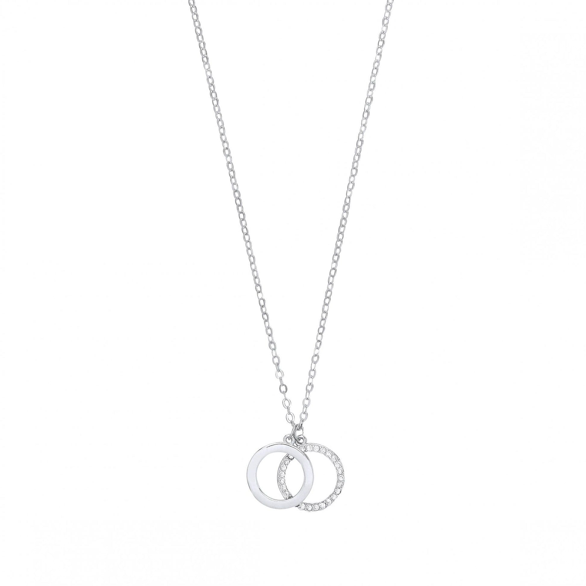 Silver CZ & Polished Double Circle Pendant Necklace