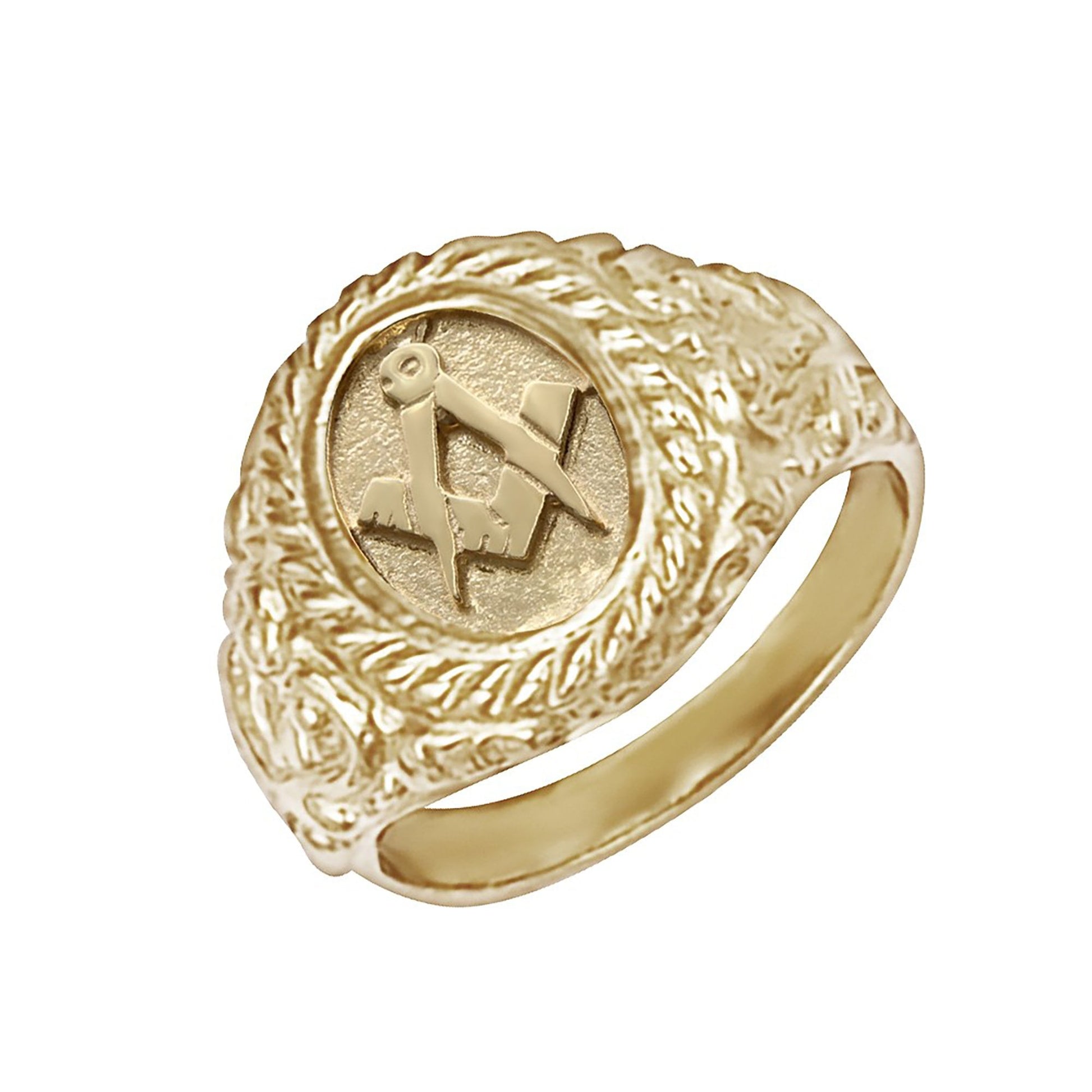 Men's Solid 9ct Yellow Gold Rope Edge Carved Oval Masonic Ring