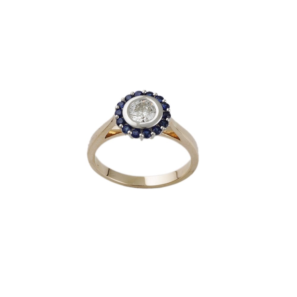 Yellow and White Gold 0.50ct Round Diamond and 0.39ct Round Blue Sapphire Set Cluster Ring