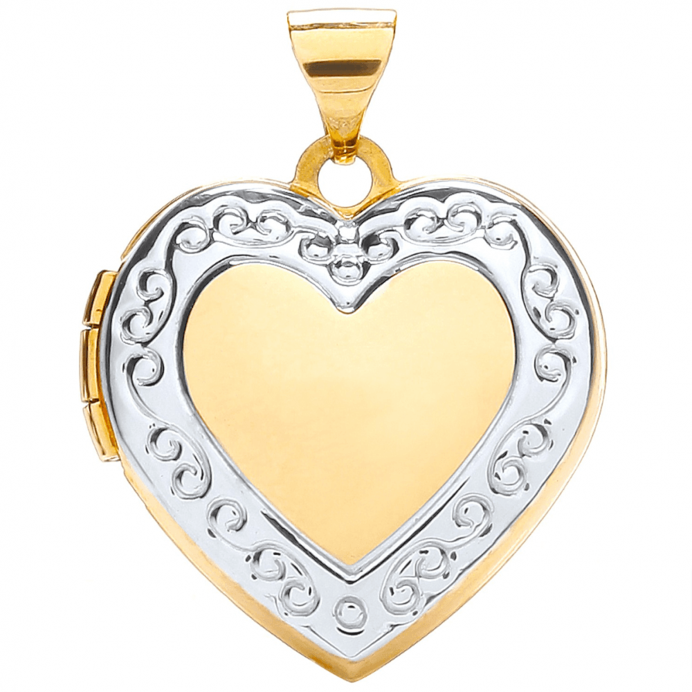 9ct White Yellow Heart Shape Locket with edge design