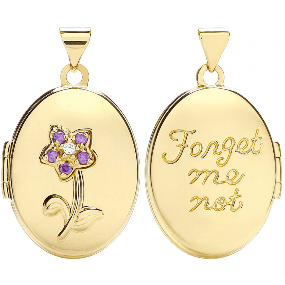 Yellow Gold Oval Double Sided Locket with Purple Cz